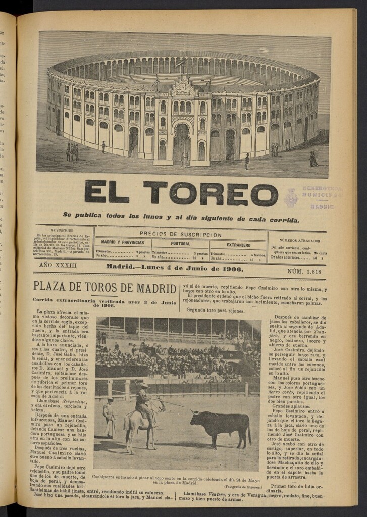 Miniatura de El Toreo: suplemento a "La Correspondencia Teatral" del 4 de junio de 1906, nº 1818