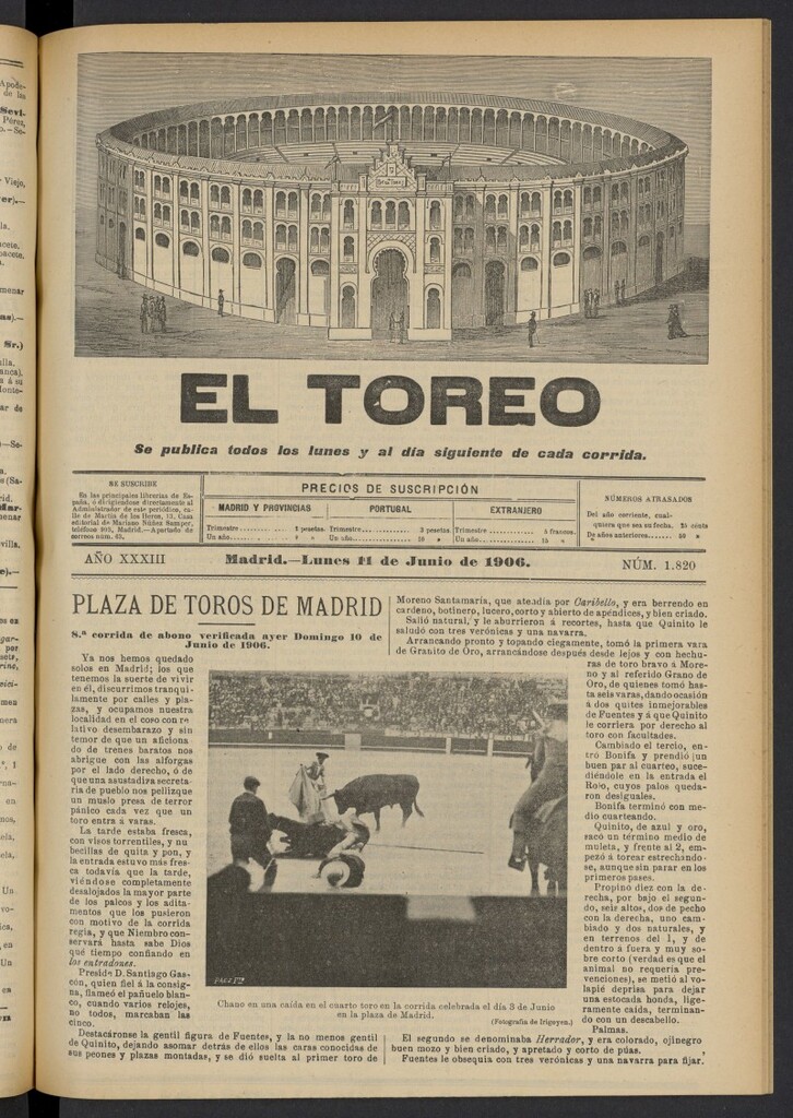 Miniatura de El Toreo: suplemento a "La Correspondencia Teatral" del 11 de junio de 1906, nº 1820