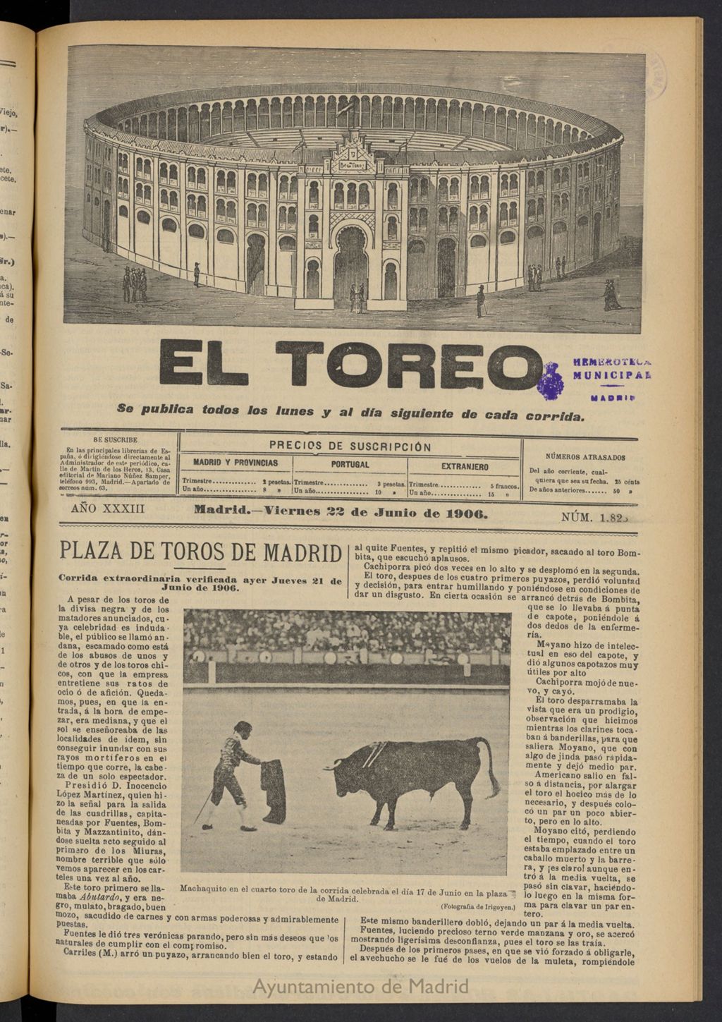 Miniatura de El Toreo: suplemento a "La Correspondencia Teatral" del 22 de junio de 1906, nº 1823