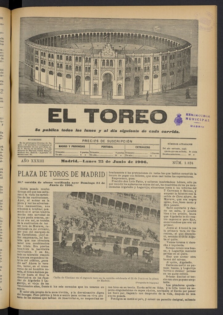 Miniatura de El Toreo: suplemento a "La Correspondencia Teatral" del 25 de junio de 1906, nº 1824