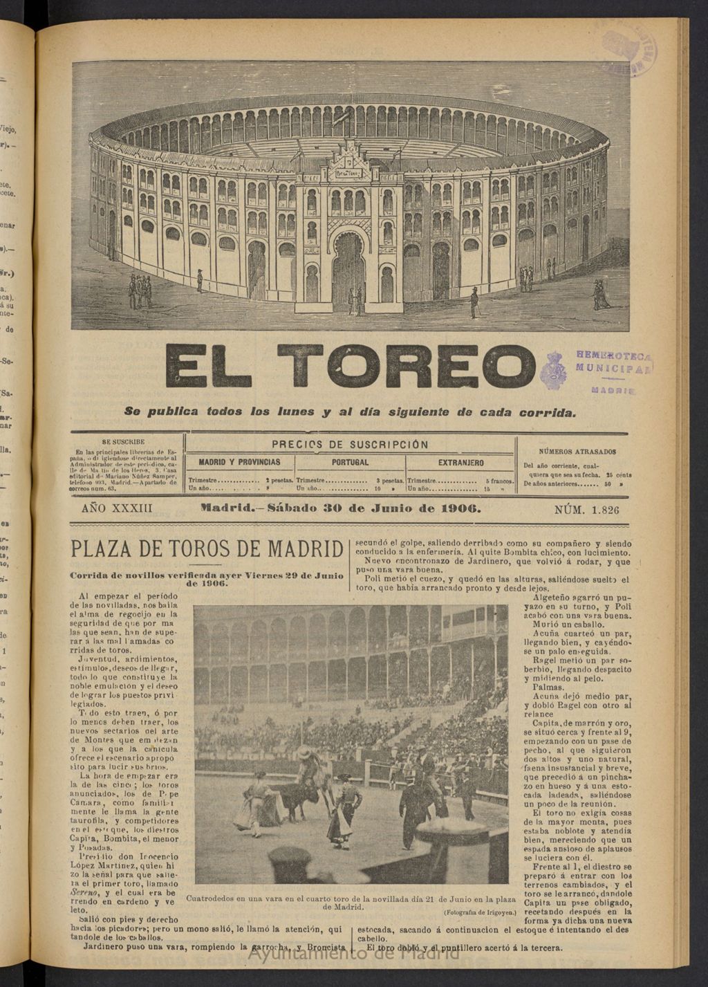 Miniatura de El Toreo: suplemento a "La Correspondencia Teatral" del 30 de junio de 1906, nº 1826