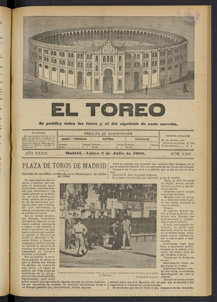 Miniatura de El Toreo: suplemento a "La Correspondencia Teatral" del 2 de julio de 1906, nº 1827
