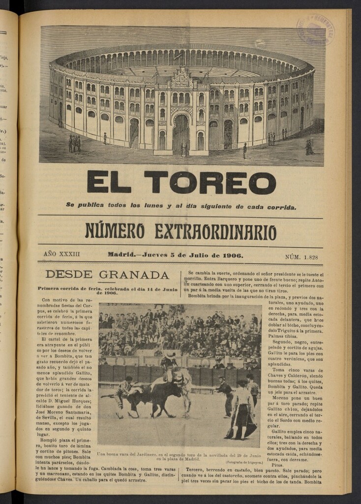 Miniatura de El Toreo: suplemento a "La Correspondencia Teatral" del 5 de julio de 1906, nº 1828