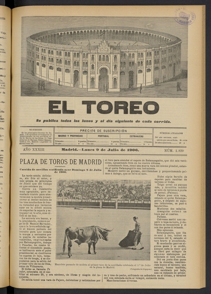 Miniatura de El Toreo: suplemento a "La Correspondencia Teatral" del 9 de julio de 1906, nº 1829