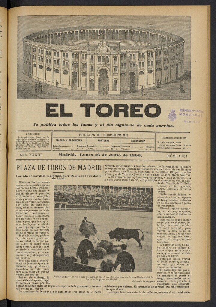 Miniatura de El Toreo: suplemento a "La Correspondencia Teatral" del 16 de julio de 1906, nº 1831
