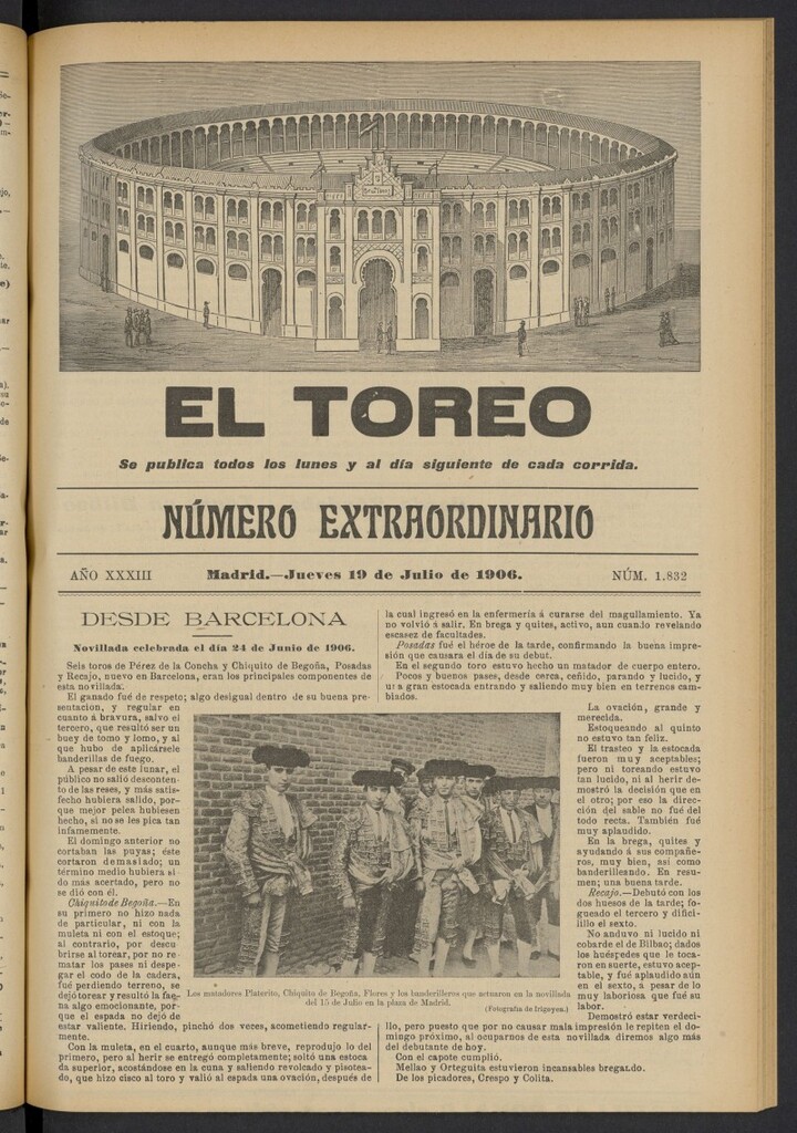 Miniatura de El Toreo: suplemento a "La Correspondencia Teatral" del 19 de julio de 1906, nº 1832