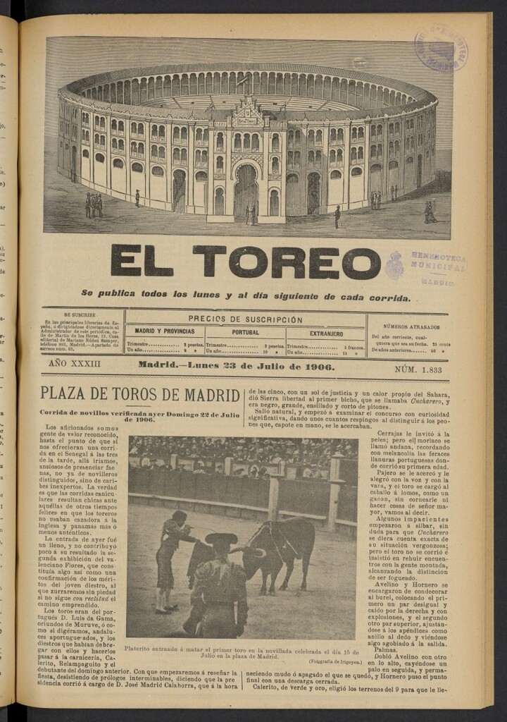 Miniatura de El Toreo: suplemento a "La Correspondencia Teatral" del 23 de julio de 1906, nº 1833