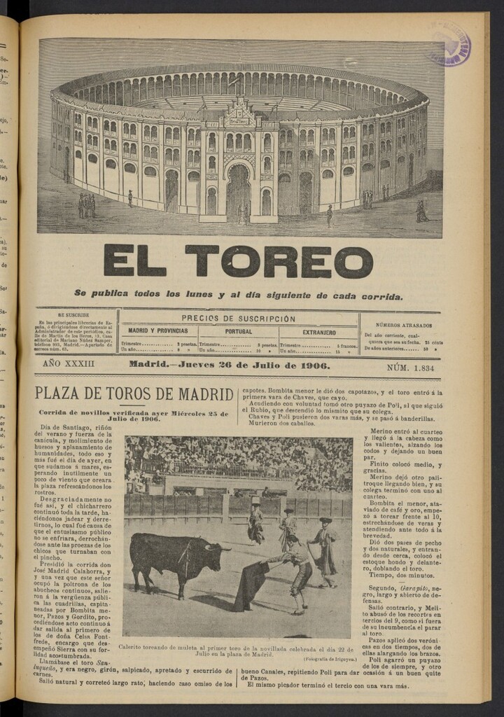 Miniatura de El Toreo: suplemento a "La Correspondencia Teatral" del 26 de julio de 1906, nº 1834