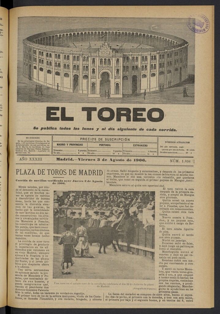 Miniatura de El Toreo: suplemento a "La Correspondencia Teatral" del 3 de agosto de 1906, nº 1836