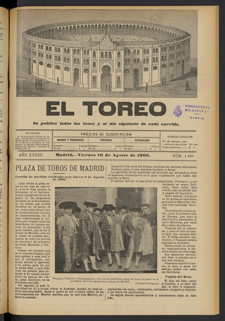 Miniatura de El Toreo: suplemento a "La Correspondencia Teatral" del 10 de agosto de 1906, nº 1838