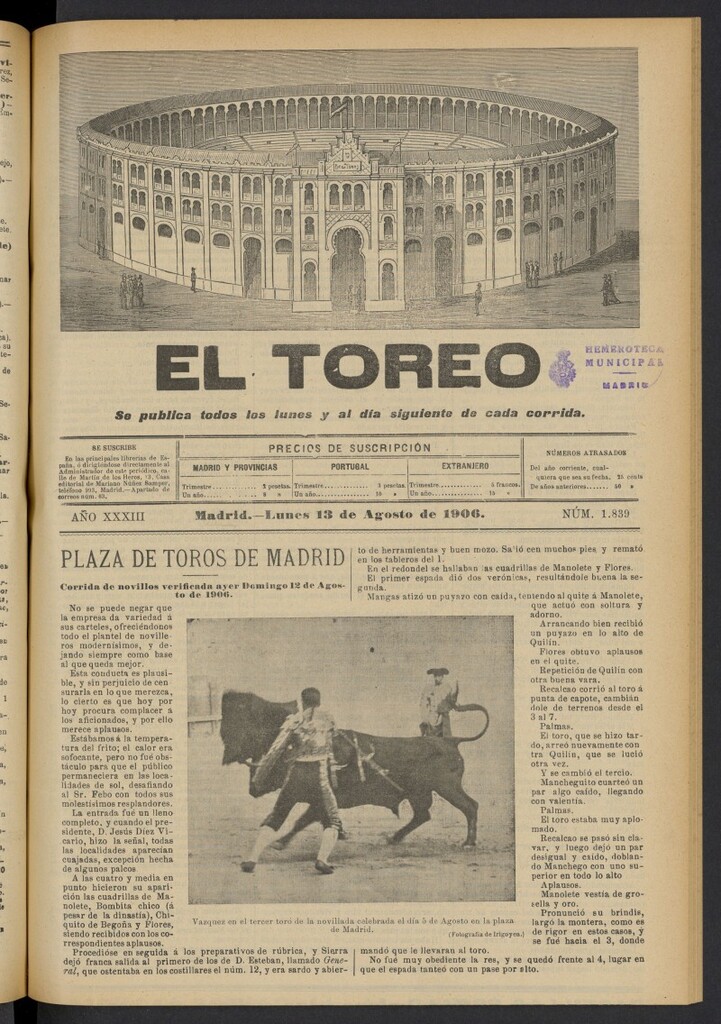 Miniatura de El Toreo: suplemento a "La Correspondencia Teatral" del 13 de agosto de 1906, nº 1839