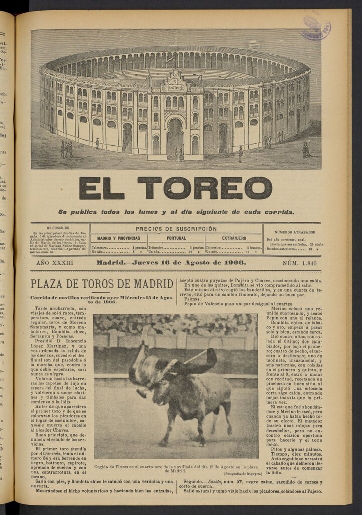 Miniatura de El Toreo: suplemento a "La Correspondencia Teatral" del 16 de agosto de 1906, nº 1840