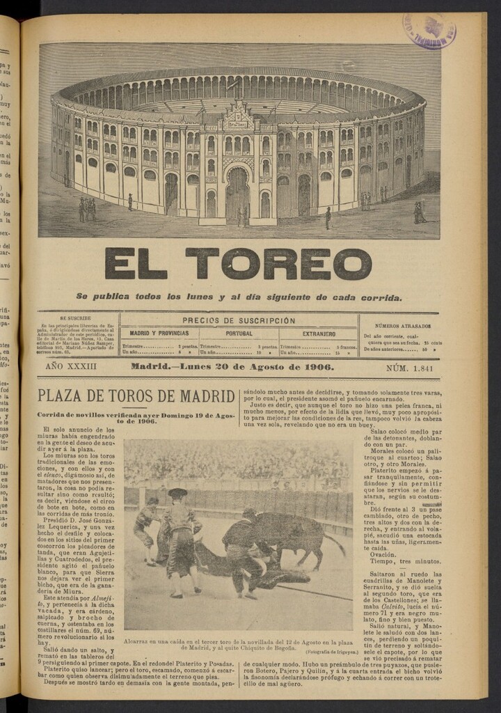 Miniatura de El Toreo: suplemento a "La Correspondencia Teatral" del 20 de agosto de 1906, nº 1841