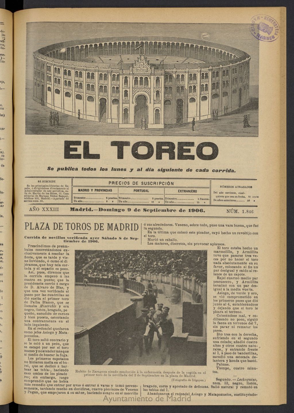 Miniatura de El Toreo: suplemento a "La Correspondencia Teatral" del 9 de septiembre de 1906, nº 1846