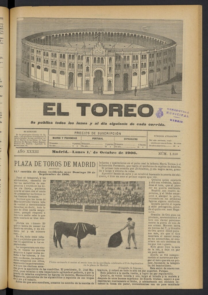 Miniatura de El Toreo: suplemento a "La Correspondencia Teatral" del 1 de octubre de 1906, nº 1850