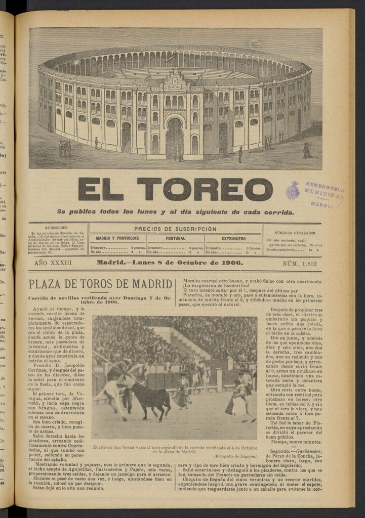 Miniatura de El Toreo: suplemento a "La Correspondencia Teatral" del 8 de octubre de 1906, nº 1852