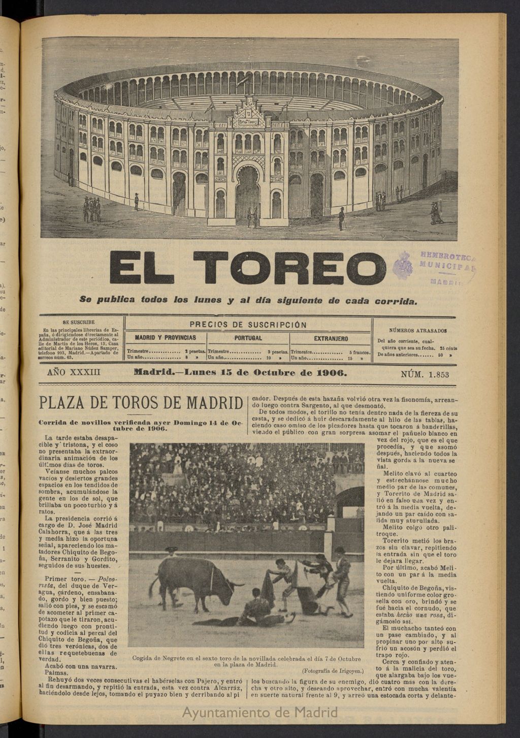 Miniatura de El Toreo: suplemento a "La Correspondencia Teatral" del 15 de octubre de 1906, nº 1853