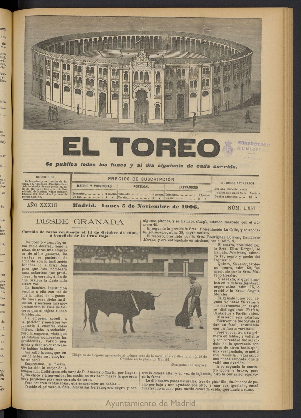 Miniatura de El Toreo: suplemento a "La Correspondencia Teatral" del 5 de noviembre de 1906, nº 1857