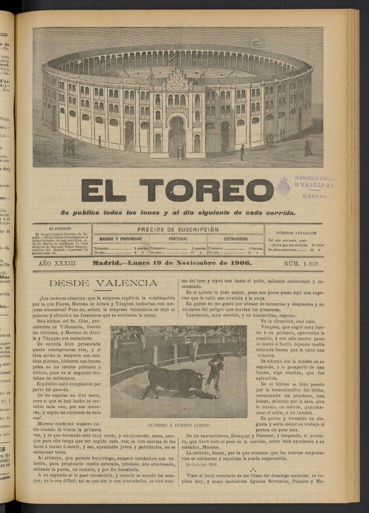 Miniatura de El Toreo: suplemento a "La Correspondencia Teatral" del 19 de noviembre de 1906, nº 1859