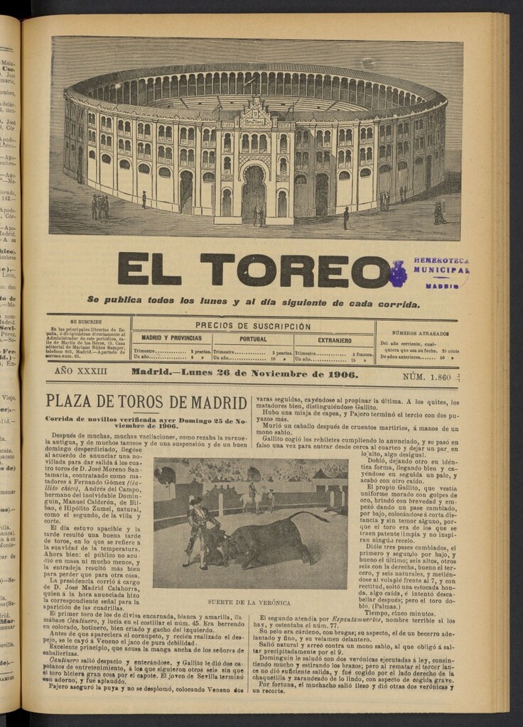 Miniatura de El Toreo: suplemento a "La Correspondencia Teatral" del 26 de noviembre de 1906, nº 1860