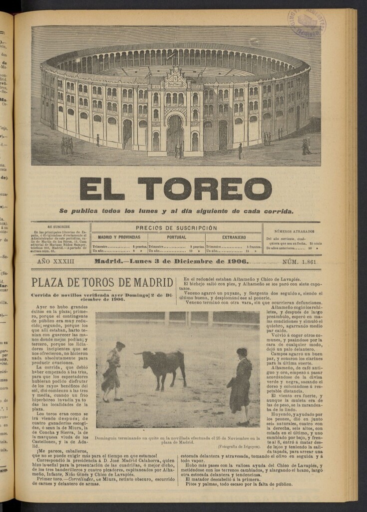 Miniatura de El Toreo: suplemento a "La Correspondencia Teatral" del 3 de diciembre de 1906, nº 1861