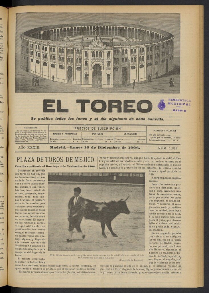 Miniatura de El Toreo: suplemento a "La Correspondencia Teatral" del 10 de diciembre de 1906, nº 1862
