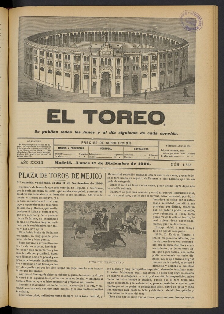 Miniatura de El Toreo: suplemento a "La Correspondencia Teatral" del 17 de diciembre de 1906, nº 1863