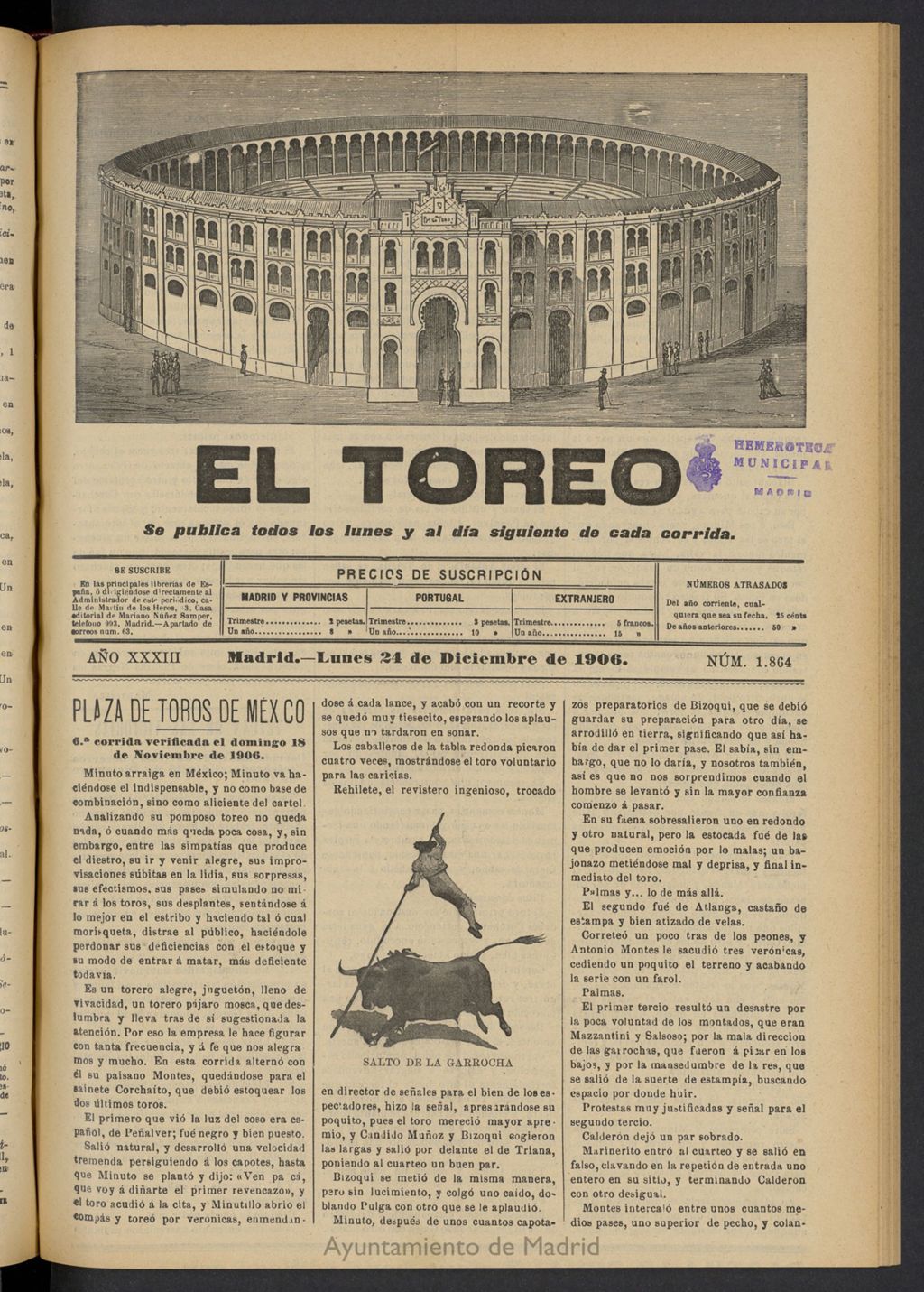 Miniatura de El Toreo: suplemento a "La Correspondencia Teatral" del 24 de diciembre de 1906, nº 1864