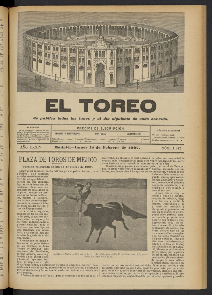 Miniatura de El Toreo: suplemento a "La Correspondencia Teatral" del 18 de febrero de 1907, nº 1872