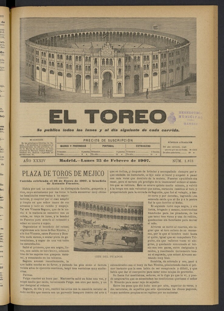 Miniatura de El Toreo: suplemento a "La Correspondencia Teatral" del 25 de febrero de 1907, nº 1873