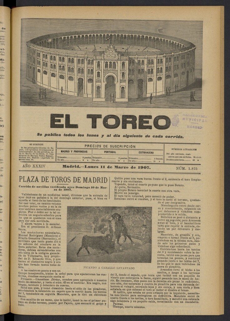 Miniatura de El Toreo: suplemento a "La Correspondencia Teatral" del 11 de marzo de 1907, nº 1875