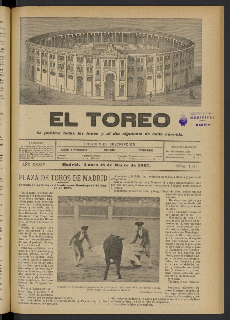 Miniatura de El Toreo: suplemento a "La Correspondencia Teatral" del 18 de marzo de 1907, nº 1876