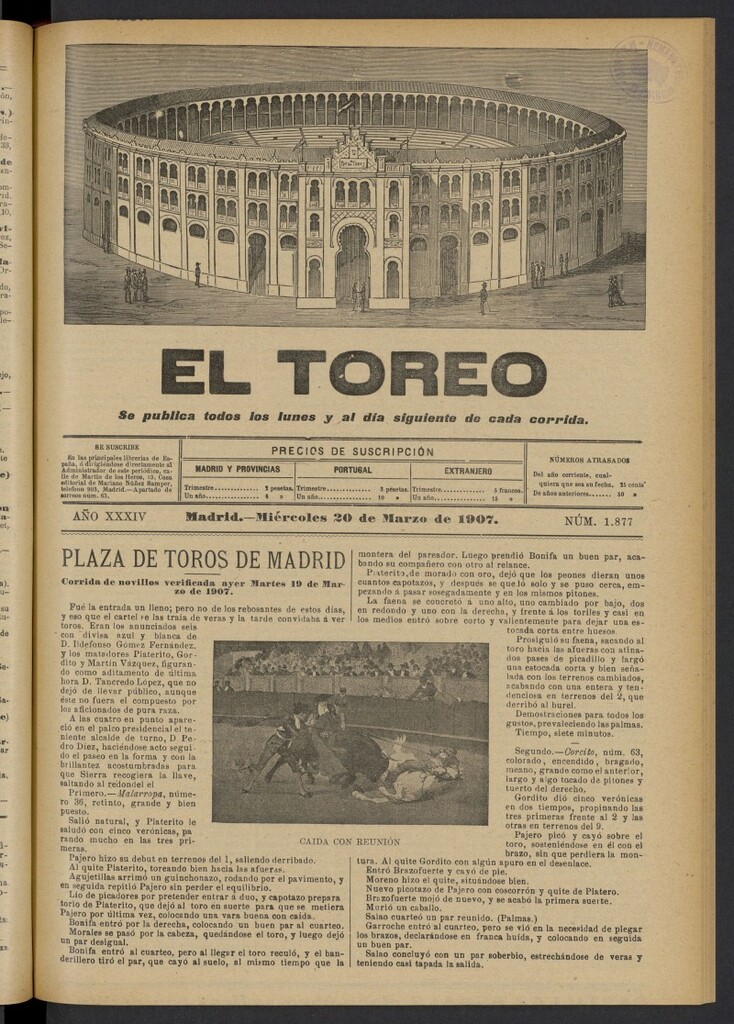Miniatura de El Toreo: suplemento a "La Correspondencia Teatral" del 20 de marzo de 1907, nº 1877