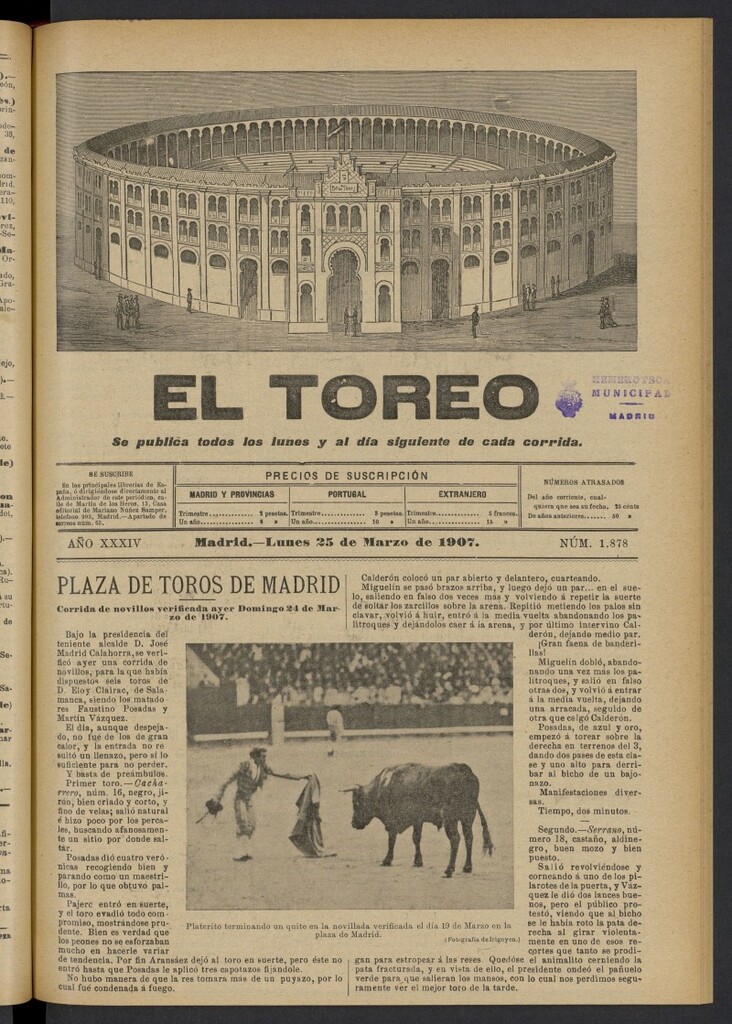 Miniatura de El Toreo: suplemento a "La Correspondencia Teatral" del 25 de marzo de 1907, nº 1878