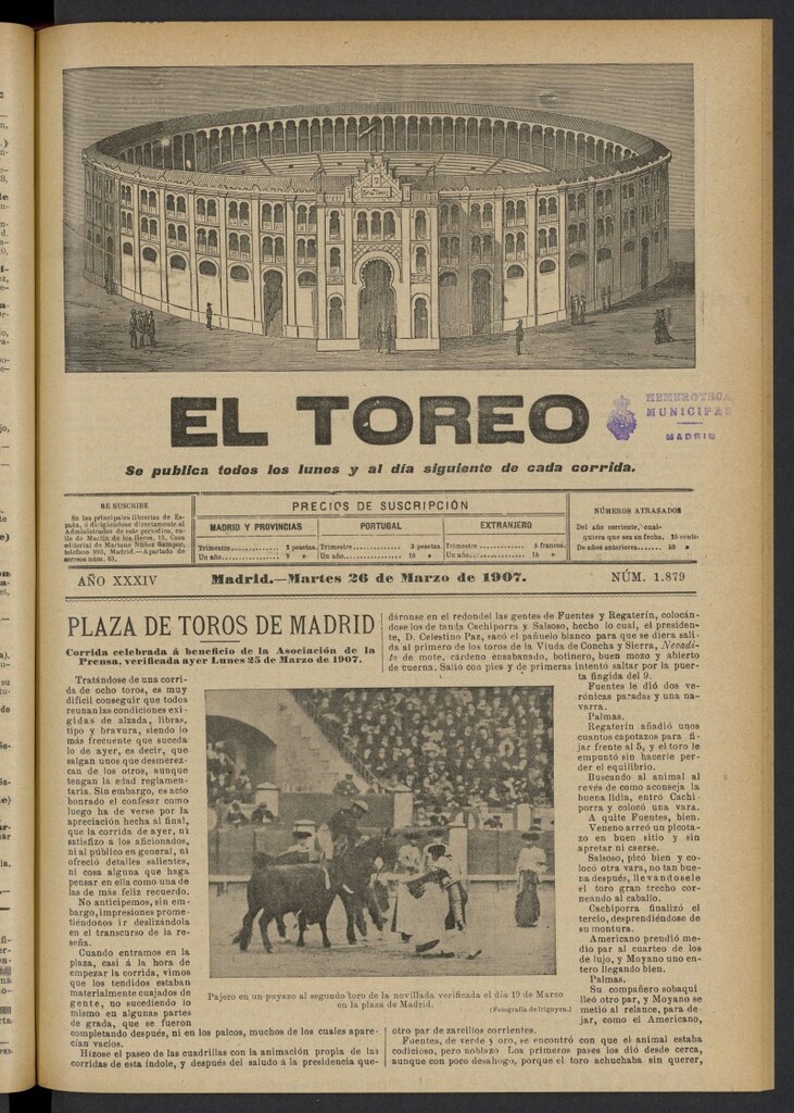 Miniatura de El Toreo: suplemento a "La Correspondencia Teatral" del 26 de marzo de 1907, nº 1879
