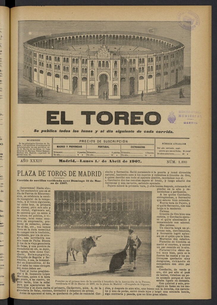 Miniatura de El Toreo: suplemento a "La Correspondencia Teatral" del 1 de abril de 1907, nº 1880