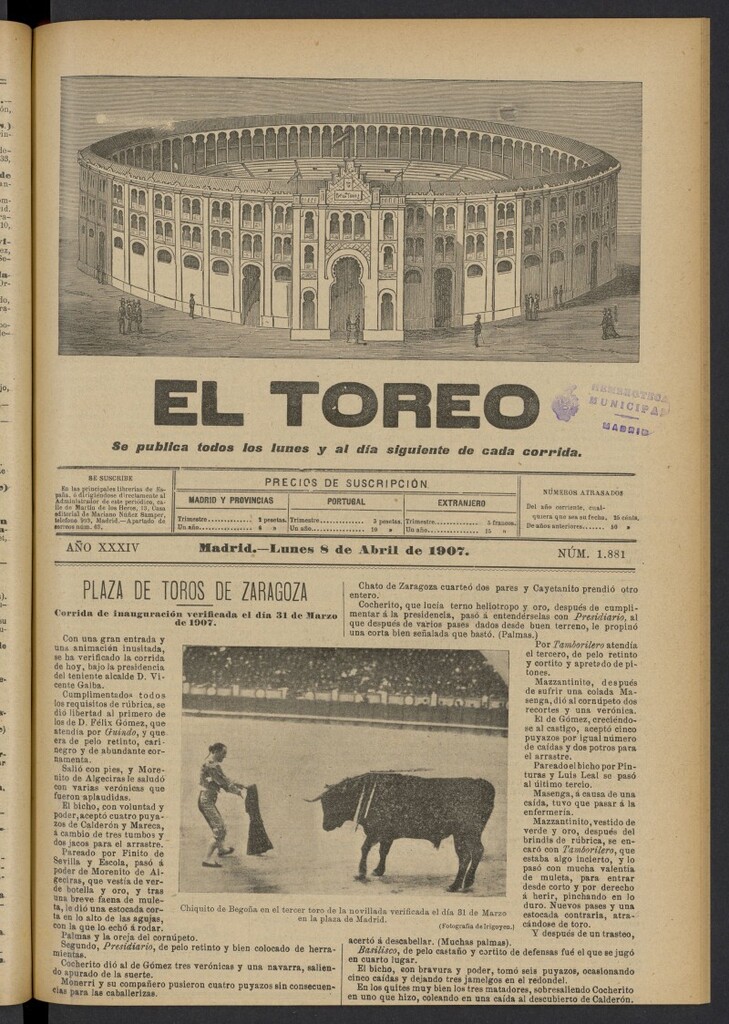 Miniatura de El Toreo: suplemento a "La Correspondencia Teatral" del 8 de abril de 1907, nº 1881