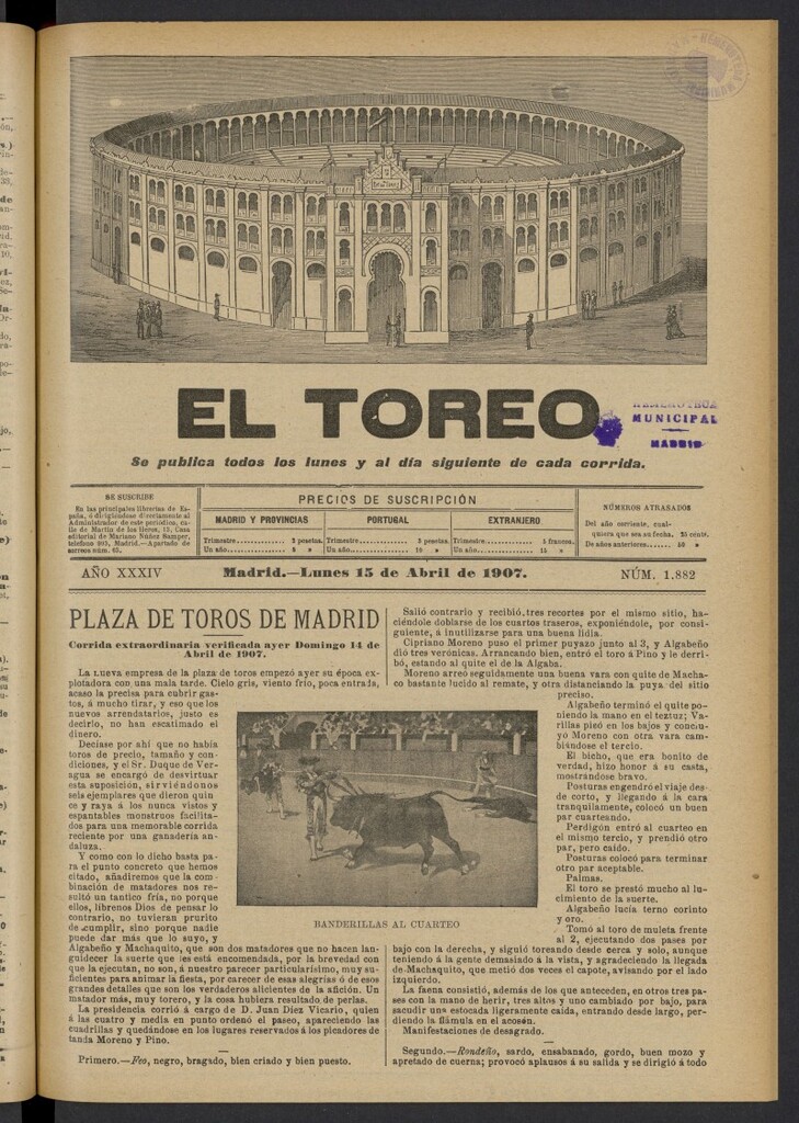 Miniatura de El Toreo: suplemento a "La Correspondencia Teatral" del 15 de abril de 1907, nº 1882