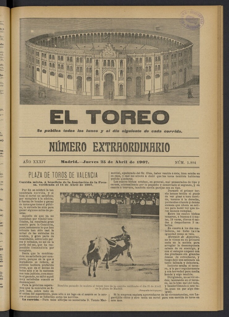Miniatura de El Toreo: suplemento a "La Correspondencia Teatral" del 25 de abril de 1907, nº 1884