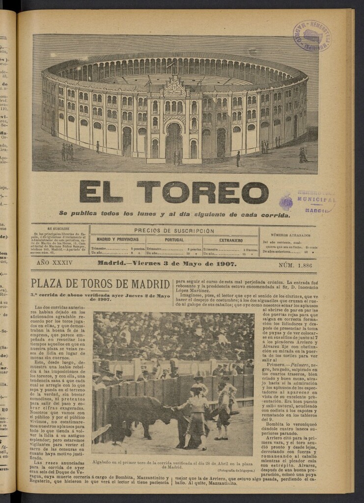 Miniatura de El Toreo: suplemento a "La Correspondencia Teatral" del 3 de mayo de 1907, nº 1886