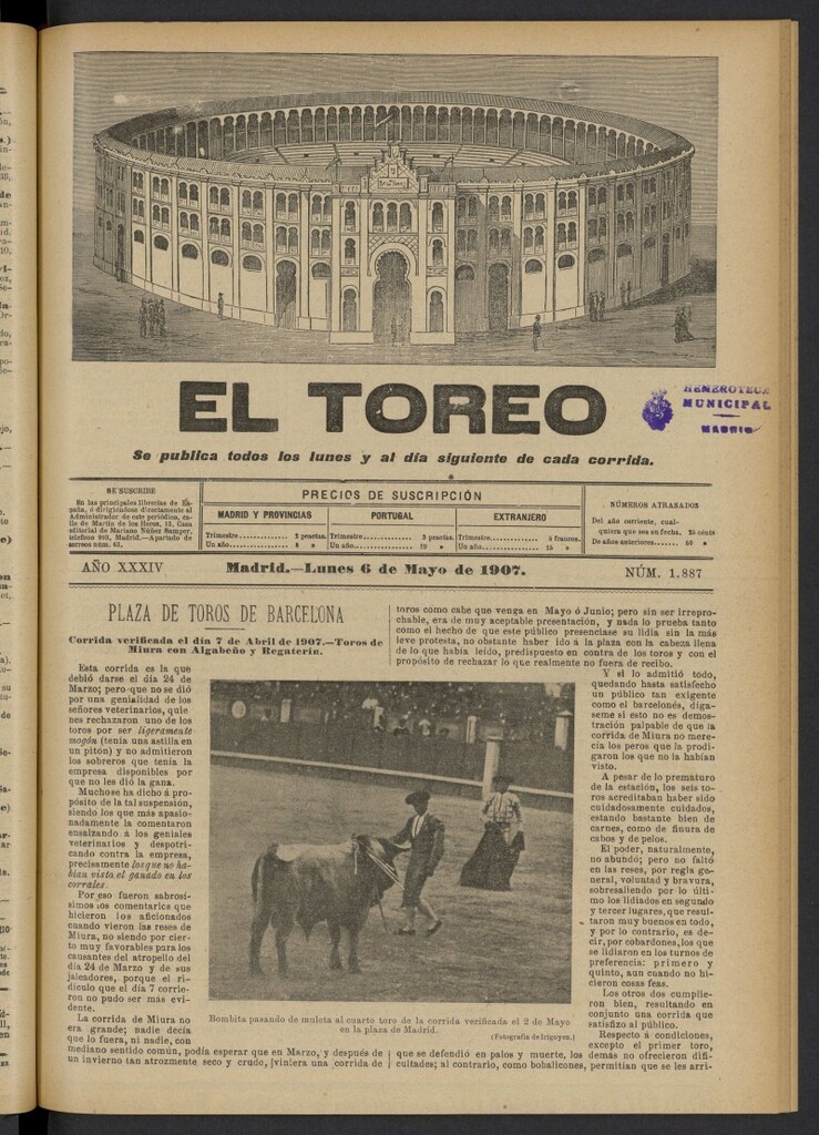 Miniatura de El Toreo: suplemento a "La Correspondencia Teatral" del 6 de mayo de 1907, nº 1887