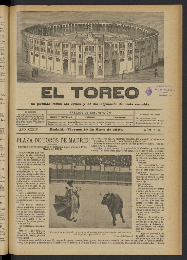 Miniatura de El Toreo: suplemento a "La Correspondencia Teatral" del 10 de mayo de 1907, nº 1889