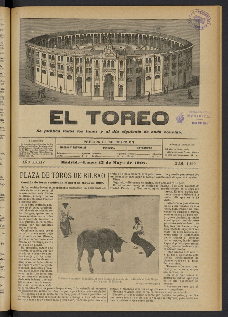 Miniatura de El Toreo: suplemento a "La Correspondencia Teatral" del 13 de mayo de 1907, nº 1890