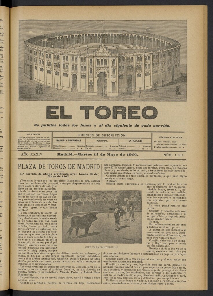 Miniatura de El Toreo: suplemento a "La Correspondencia Teatral" del 14 de mayo de 1907, nº 1891