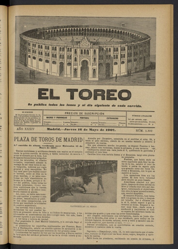 Miniatura de El Toreo: suplemento a "La Correspondencia Teatral" del 16 de mayo de 1907, nº 1892
