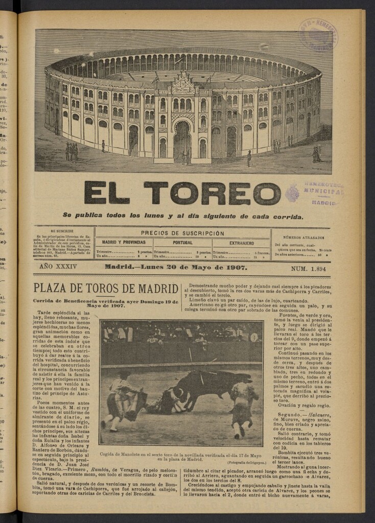 Miniatura de El Toreo: suplemento a "La Correspondencia Teatral" del 20 de mayo de 1907, nº 1894