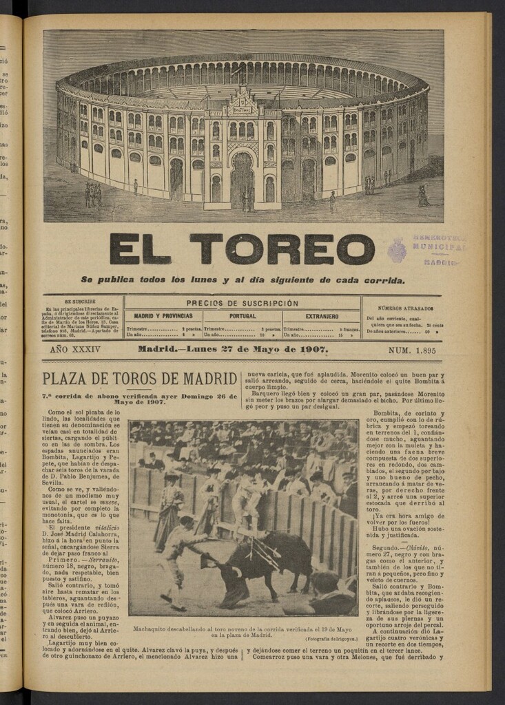 Miniatura de El Toreo: suplemento a "La Correspondencia Teatral" del 27 de mayo de 1907, nº 1895