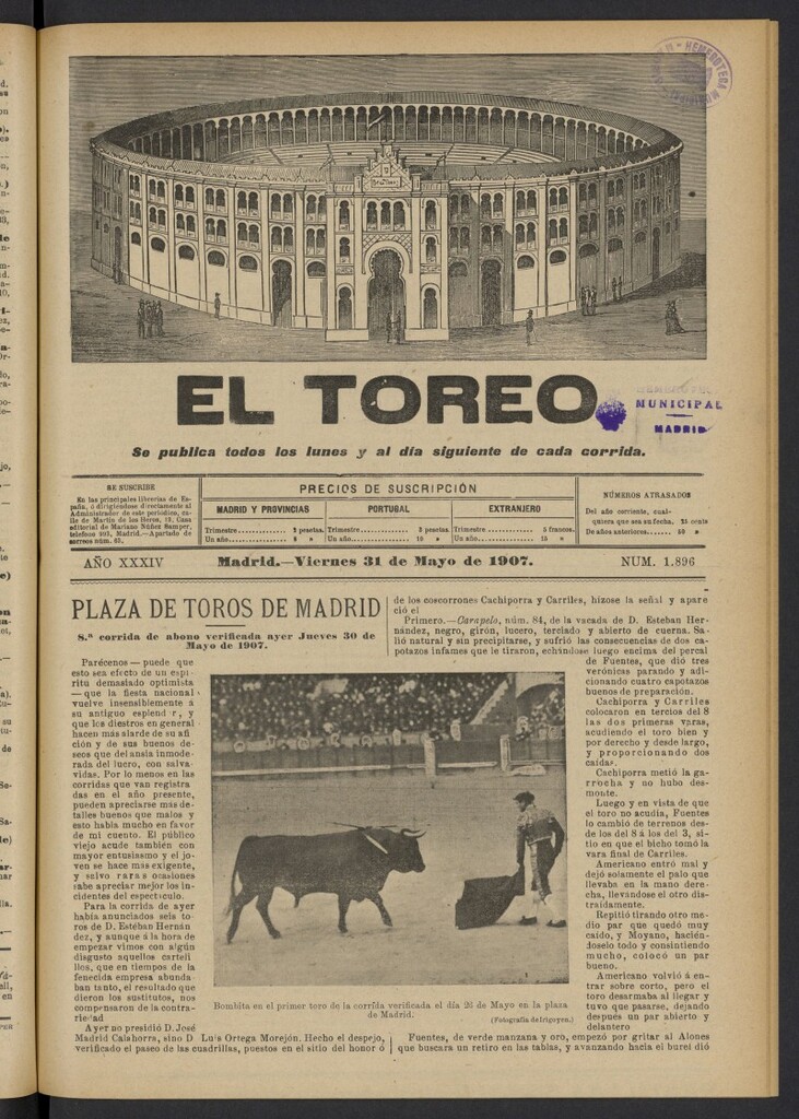 Miniatura de El Toreo: suplemento a "La Correspondencia Teatral" del 31 de mayo de 1907, nº 1896