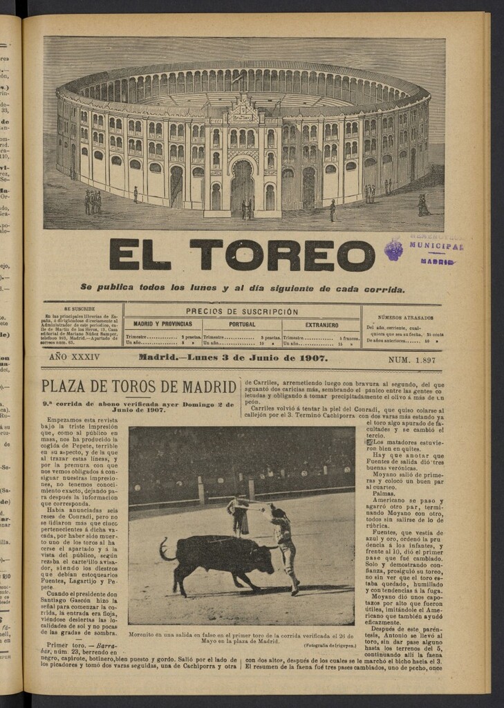 Miniatura de El Toreo: suplemento a "La Correspondencia Teatral" del 3 de junio de 1907, nº 1897