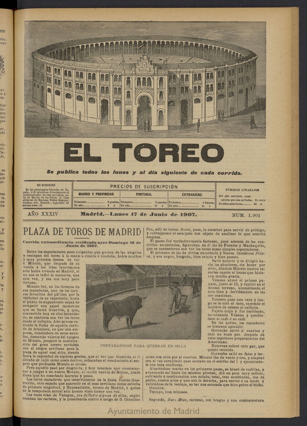 Miniatura de El Toreo: suplemento a "La Correspondencia Teatral" del 17 de junio de 1907, nº 1901